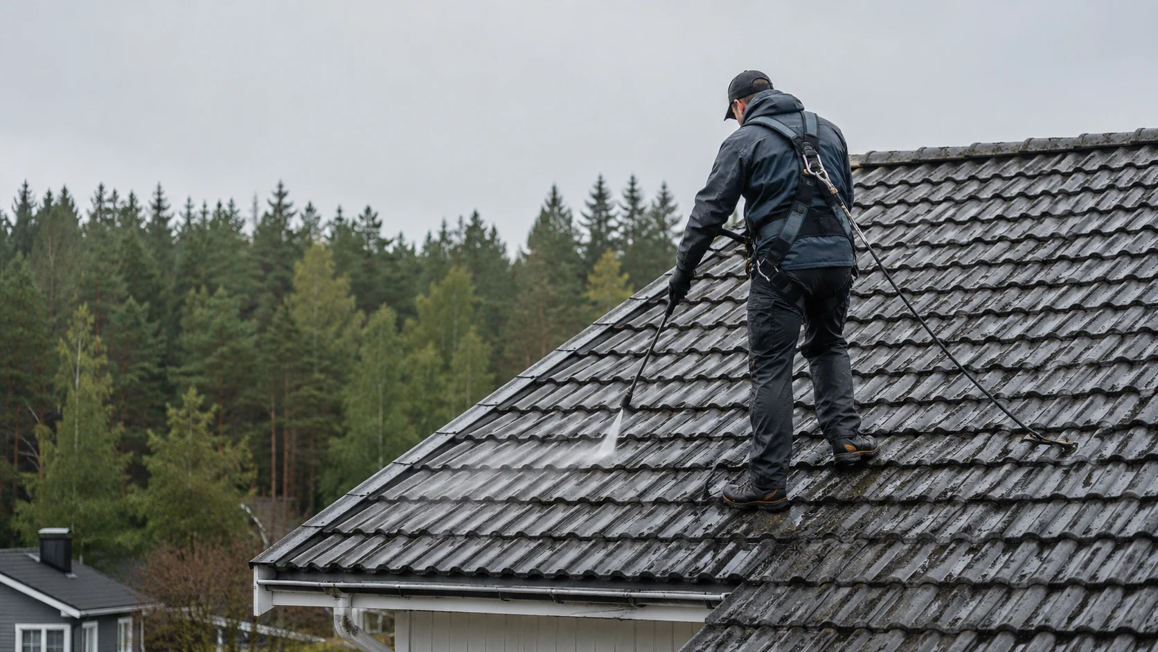 Illustrativ bild av professionell och säker taktvätt på svensk villa